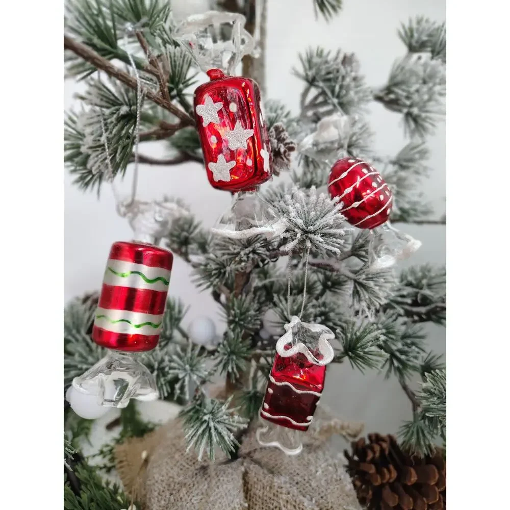 Set of 4 Vintage Glass Candy Ornaments – Red, White & Green Christmas Set